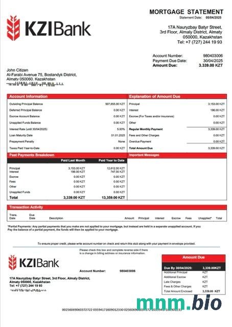 Kazachstan Bank KZI wyciąg z kredytu hipotecznego szablon Word i PDF